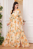 Gul Floral Chiffon A-linje V-hals Langærmet Lang Gallakjole