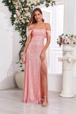 Pink A Line Off the Shoulder Pailletter Lang Gallakjole med Slids
