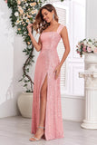 Pink A Line Off the Shoulder Pailletter Lang Gallakjole med Slids