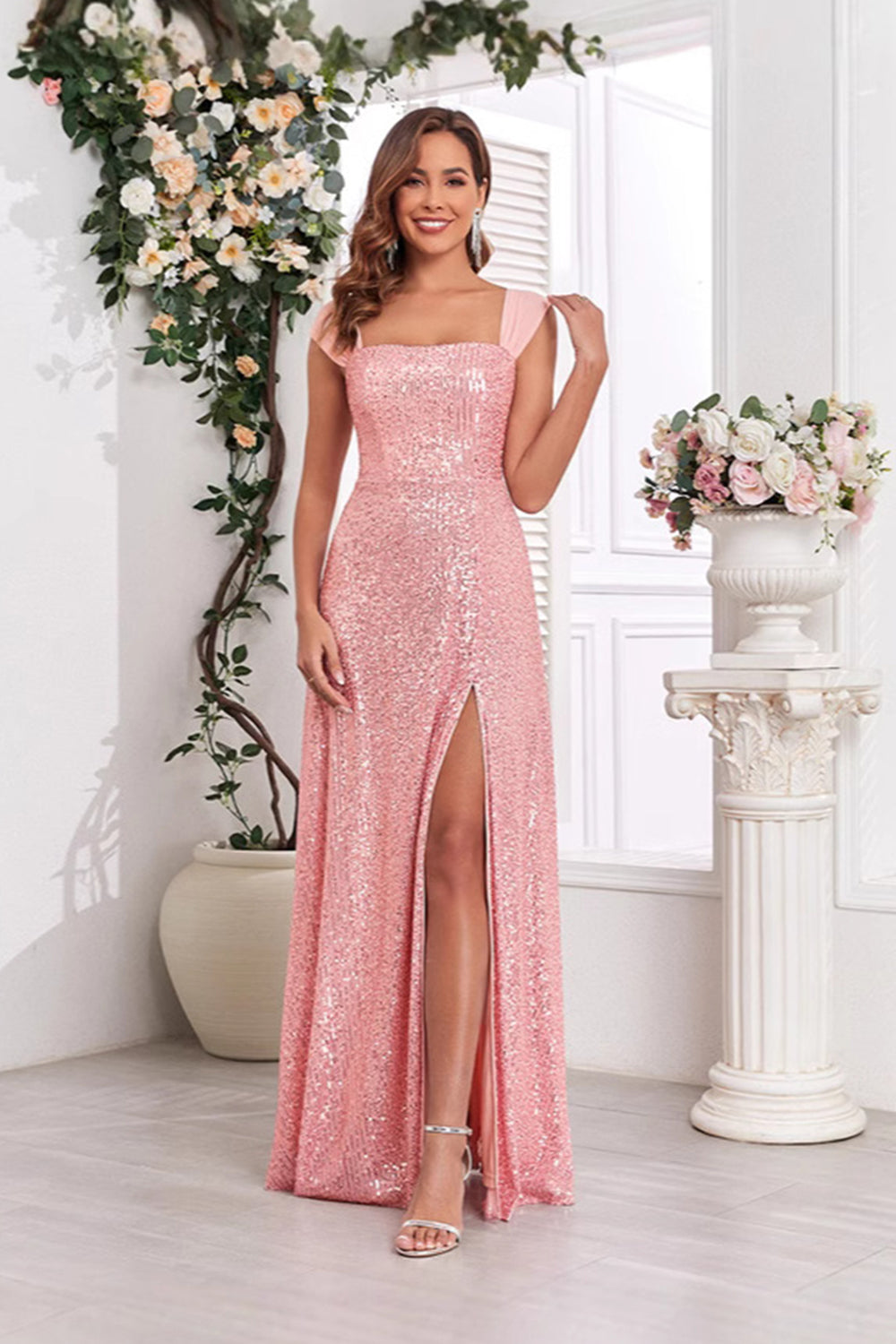 Pink A Line Off the Shoulder Pailletter Lang Gallakjole med Slids