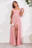 Pink A Line Off the Shoulder Pailletter Lang Gallakjole med Slids