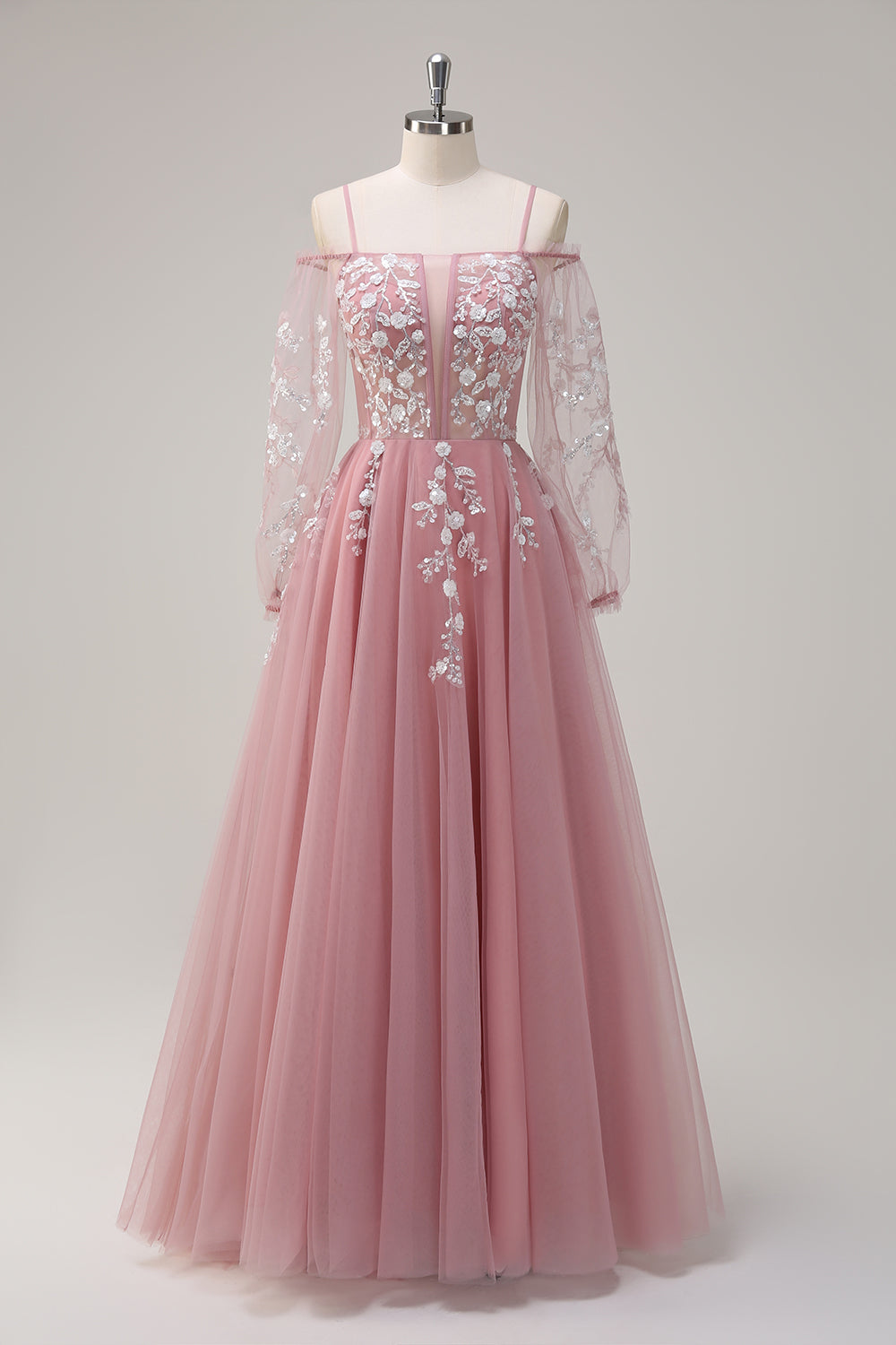 Blush Floral A Line Kold Skulder Lang Gallakjole med Lange Ærmer