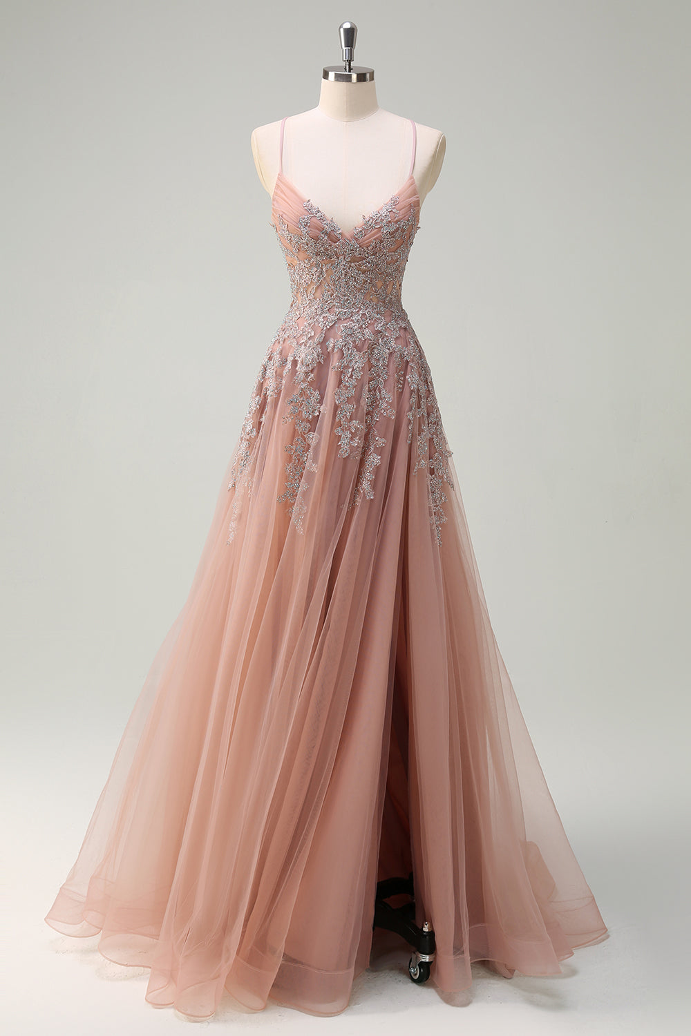 Blush A Line Spaghetti Stropper Lace Up Tilbage Applikeret Lang Gallakjole med Slids