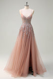 Blush A Line Spaghetti Stropper Lace Up Tilbage Applikeret Lang Gallakjole med Slids