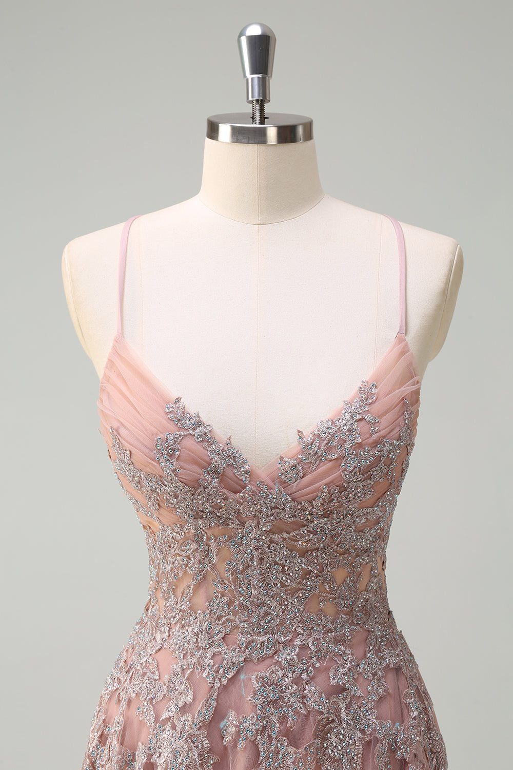 Blush A Line Spaghetti Stropper Lace Up Tilbage Applikeret Lang Gallakjole med Slids