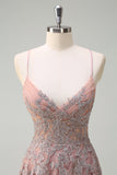Blush A Line Spaghetti Stropper Lace Up Tilbage Applikeret Lang Gallakjole med Slids