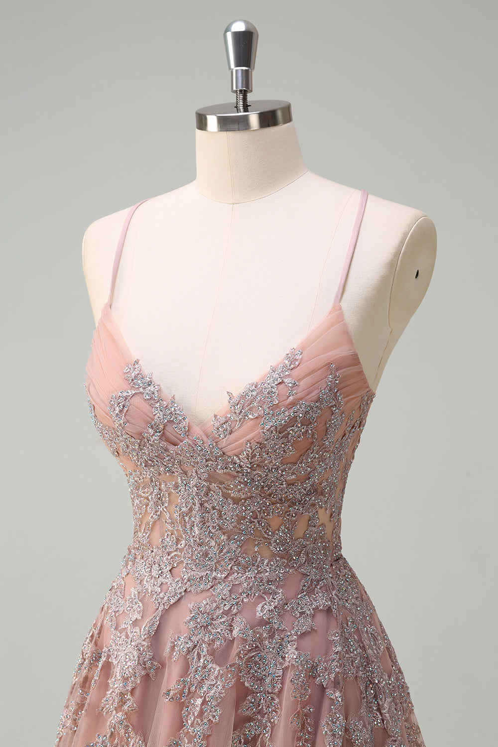 Blush A Line Spaghetti Stropper Lace Up Tilbage Applikeret Lang Gallakjole med Slids