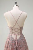 Blush A Line Spaghetti Stropper Lace Up Tilbage Applikeret Lang Gallakjole med Slids