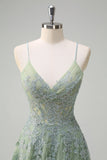 Blush A Line Spaghetti Stropper Lace Up Tilbage Applikeret Lang Gallakjole med Slids