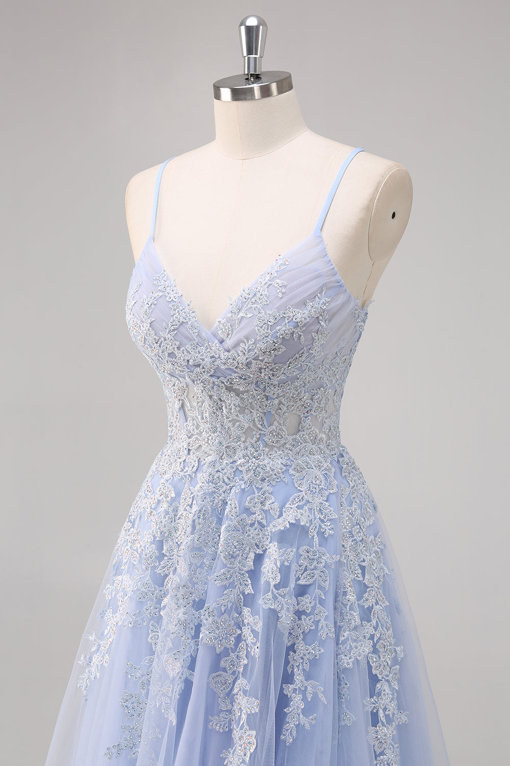 Lavendel A Line Spaghetti stropper Tyl Beaded Lang Gallakjole med slids