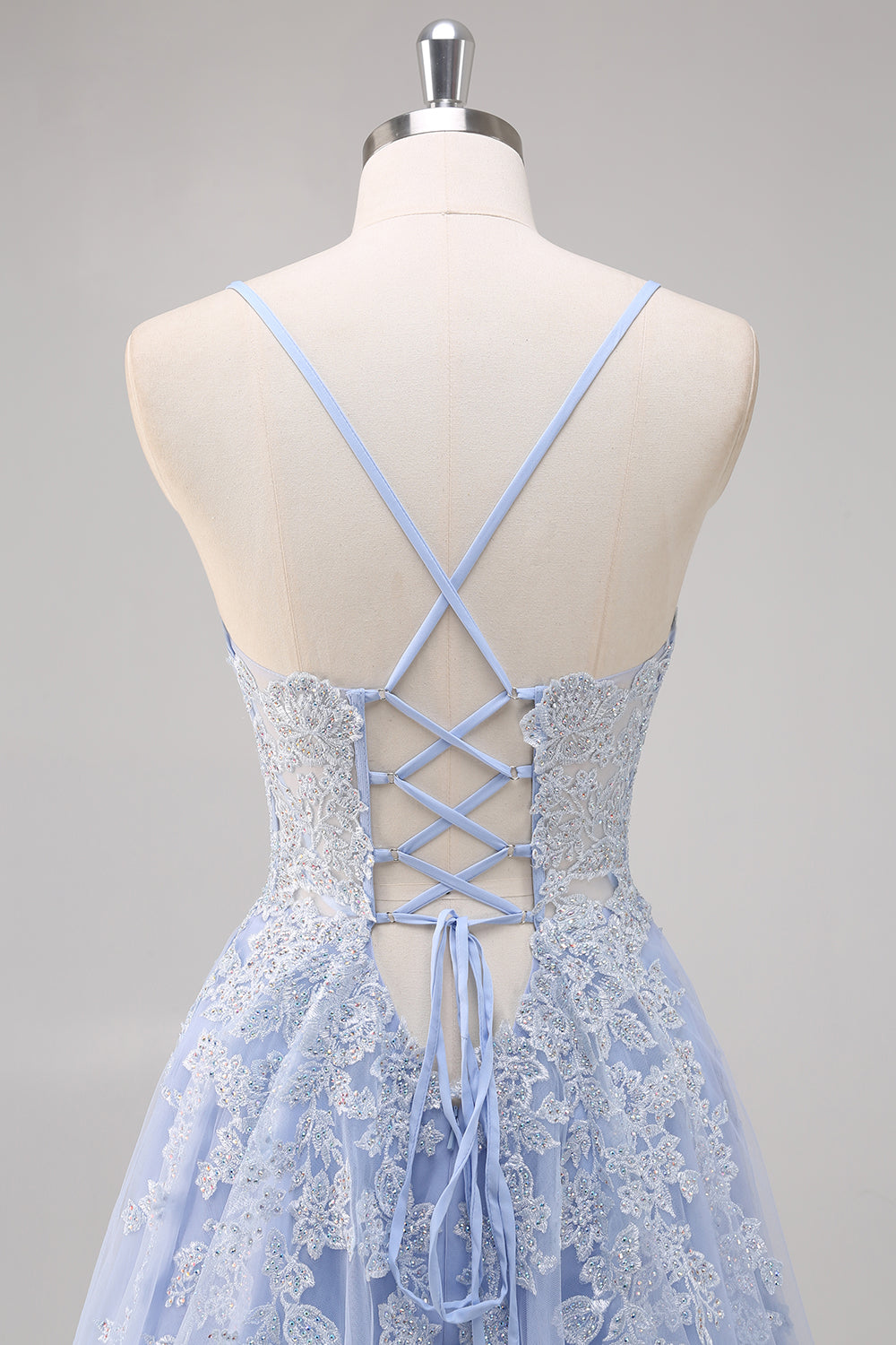 Lavendel A Line Spaghetti stropper Tyl Beaded Lang Gallakjole med slids