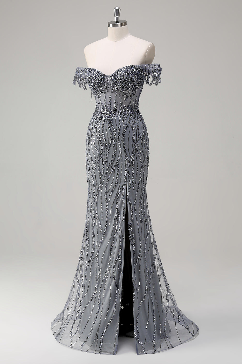 Glitrende støvet rose havfrue fra skulderen lang gallakjole med slids