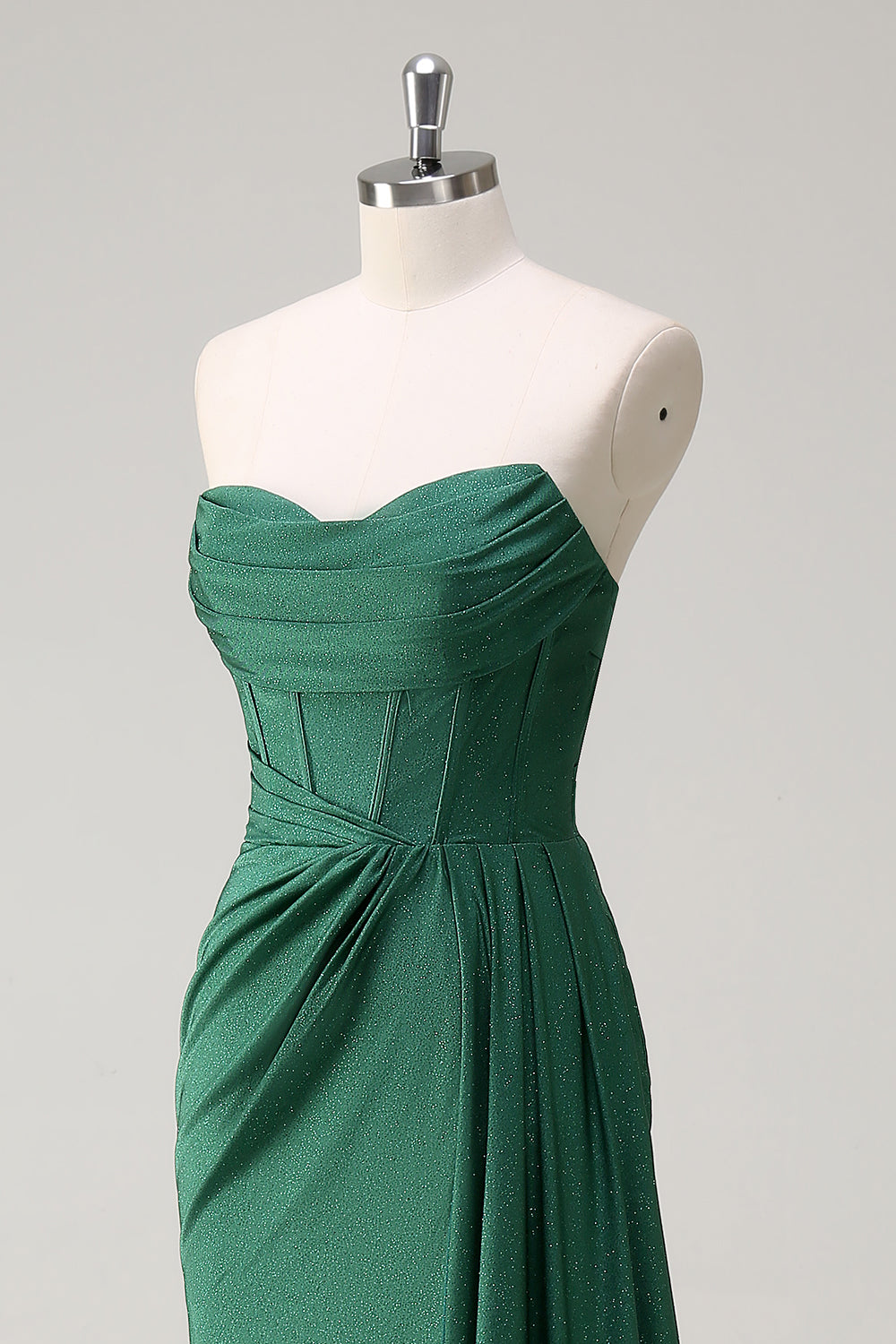 Glitter Mørkegrøn Stropløs Havfrue Lang Gallakjole med Slids