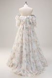 Hvid Floral A Line Off The Shoulder Print Floral Long Prom Kjole med Flæseslids