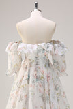 Hvid Floral A Line Off The Shoulder Print Floral Long Prom Kjole med Flæseslids