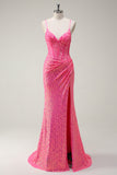 Glitrende Hot Pink Paillet Korset Havfrue Gallakjole med Slids