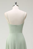 Dusty Sage A Line Chiffon Spaghetti Stropper Lang Brudepige Kjole