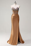 Brun Sweetheart Beaded Mermaid Satin Prom Kjole med slids