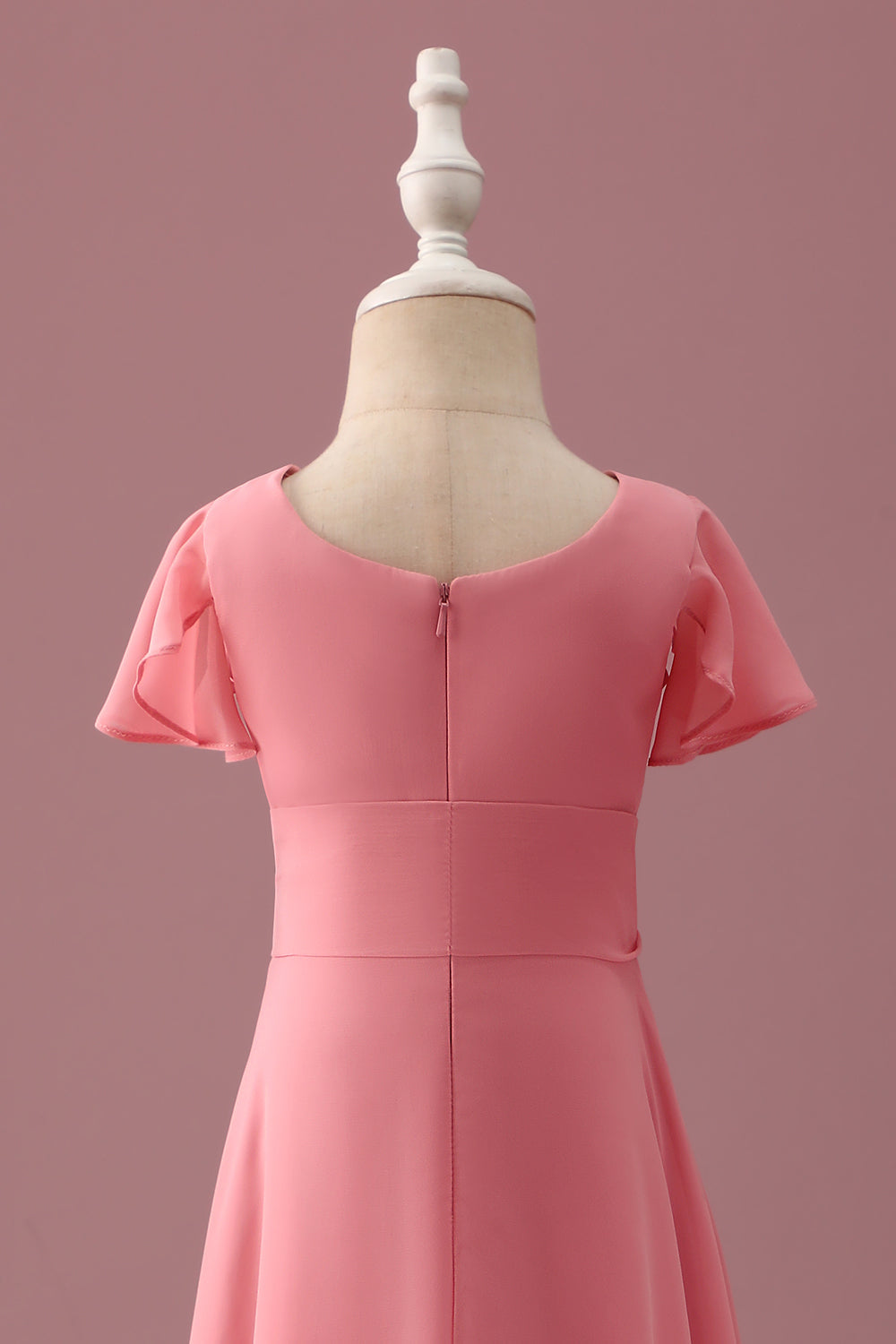 Coral Chiffon korte ærmer A Line Junior brudepige kjole med sløjfe