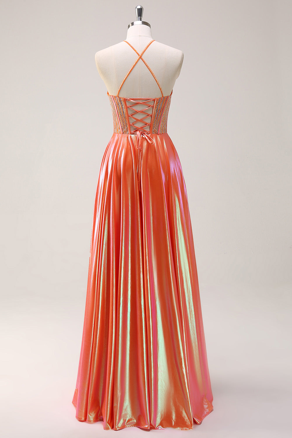 Glitrende orange A-linje halter beaded metallisk lang gallakjole