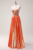 Glitrende orange A-linje halter beaded metallisk lang gallakjole