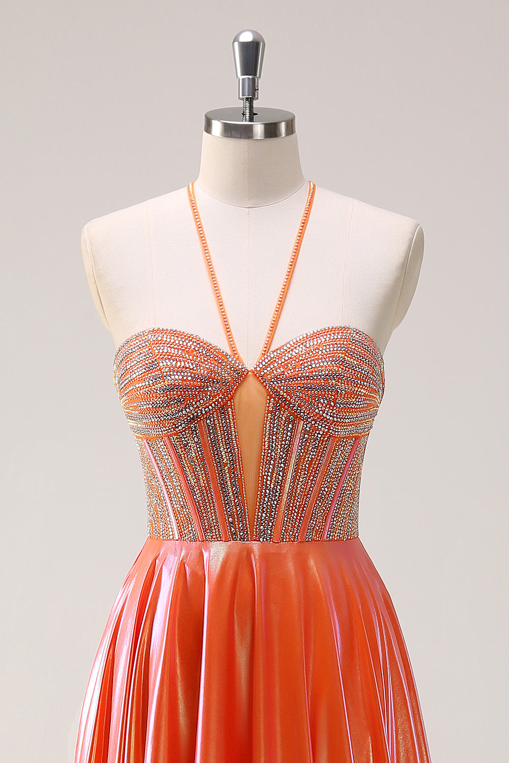 Glitrende orange A-linje halter beaded metallisk lang gallakjole