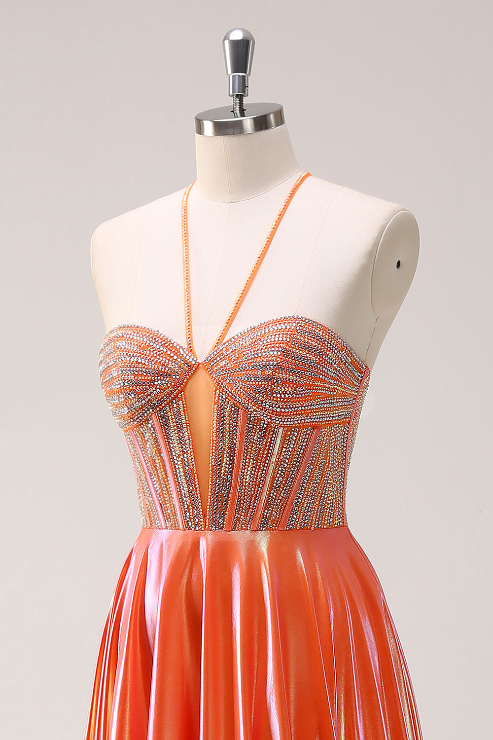 Glitrende orange A-linje halter beaded metallisk lang gallakjole
