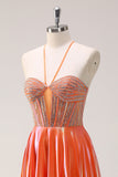 Glitrende orange A-linje halter beaded metallisk lang gallakjole