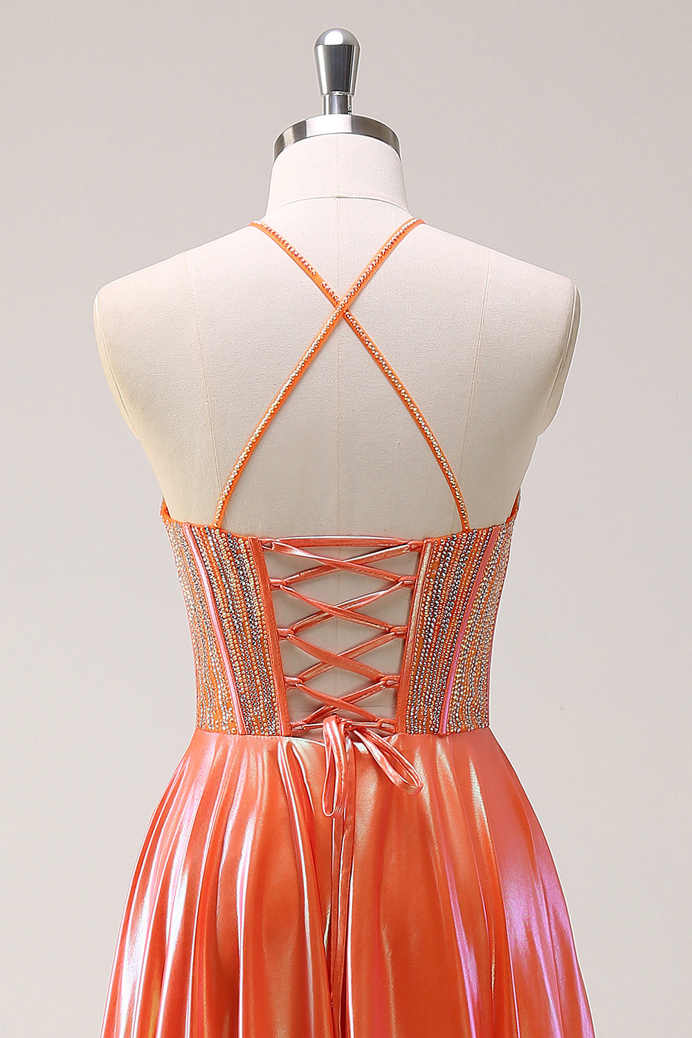 Glitrende orange A-linje halter beaded metallisk lang gallakjole