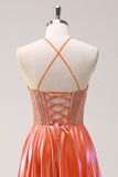 Glitrende orange A-linje halter beaded metallisk lang gallakjole