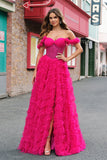 Fuchsia Lagdelt A-linje Off the Shoulder Lang Korset Gallakjole med Perlebesat