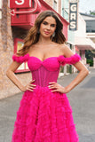 Fuchsia Lagdelt A-linje Off the Shoulder Lang Korset Gallakjole med Perlebesat