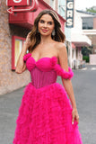 Fuchsia Lagdelt A-linje Off the Shoulder Lang Korset Gallakjole med Perlebesat