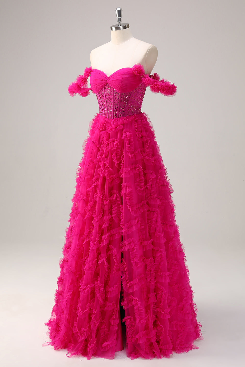Fuchsia A-linje Lagdelt Off the Shoulder Lang Korset Gallakjole med Perlebesat