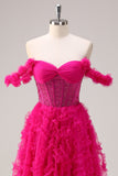 Fuchsia A-linje Lagdelt Off the Shoulder Lang Korset Gallakjole med Perlebesat