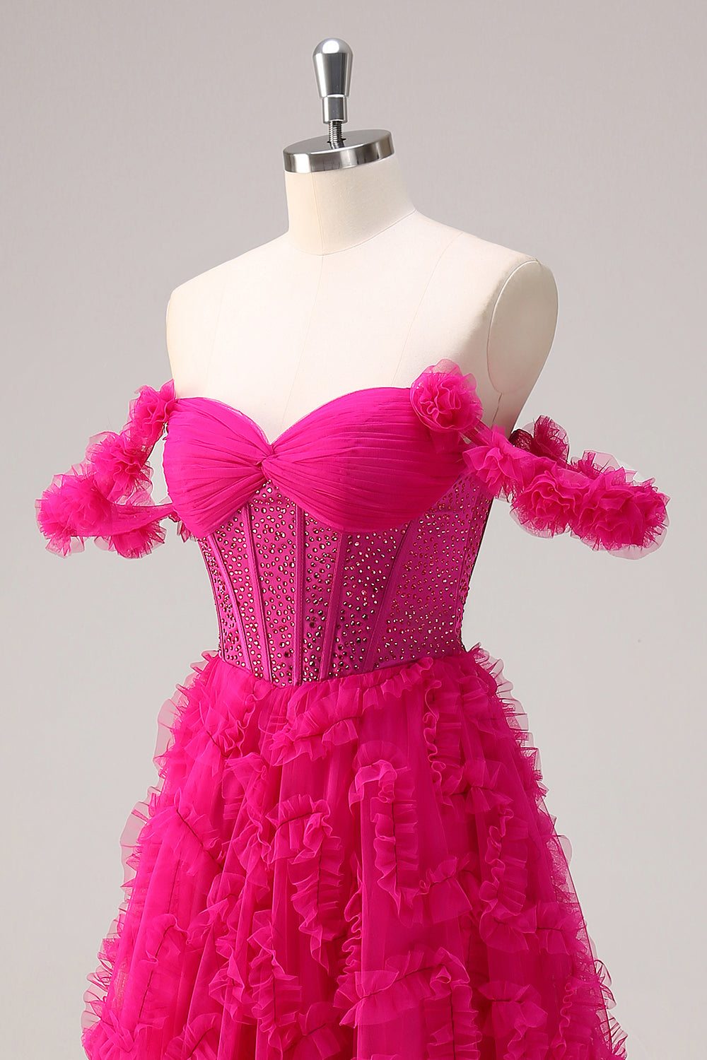 Fuchsia A-linje Lagdelt Off the Shoulder Lang Korset Gallakjole med Perlebesat