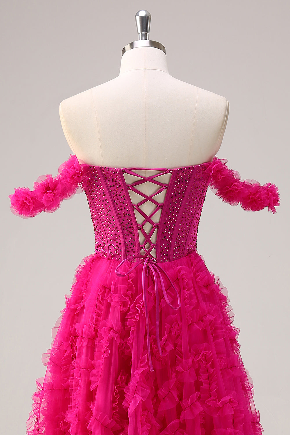 Fuchsia A-linje Lagdelt Off the Shoulder Lang Korset Gallakjole med Perlebesat