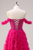 Fuchsia A-linje Lagdelt Off the Shoulder Lang Korset Gallakjole med Perlebesat
