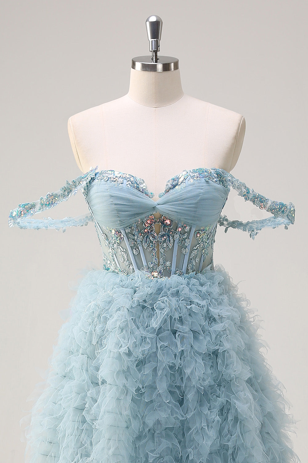 Støvet blå prinsesse Off the Shoulder Sheer Korset Lang Prom Kjole med Flæser