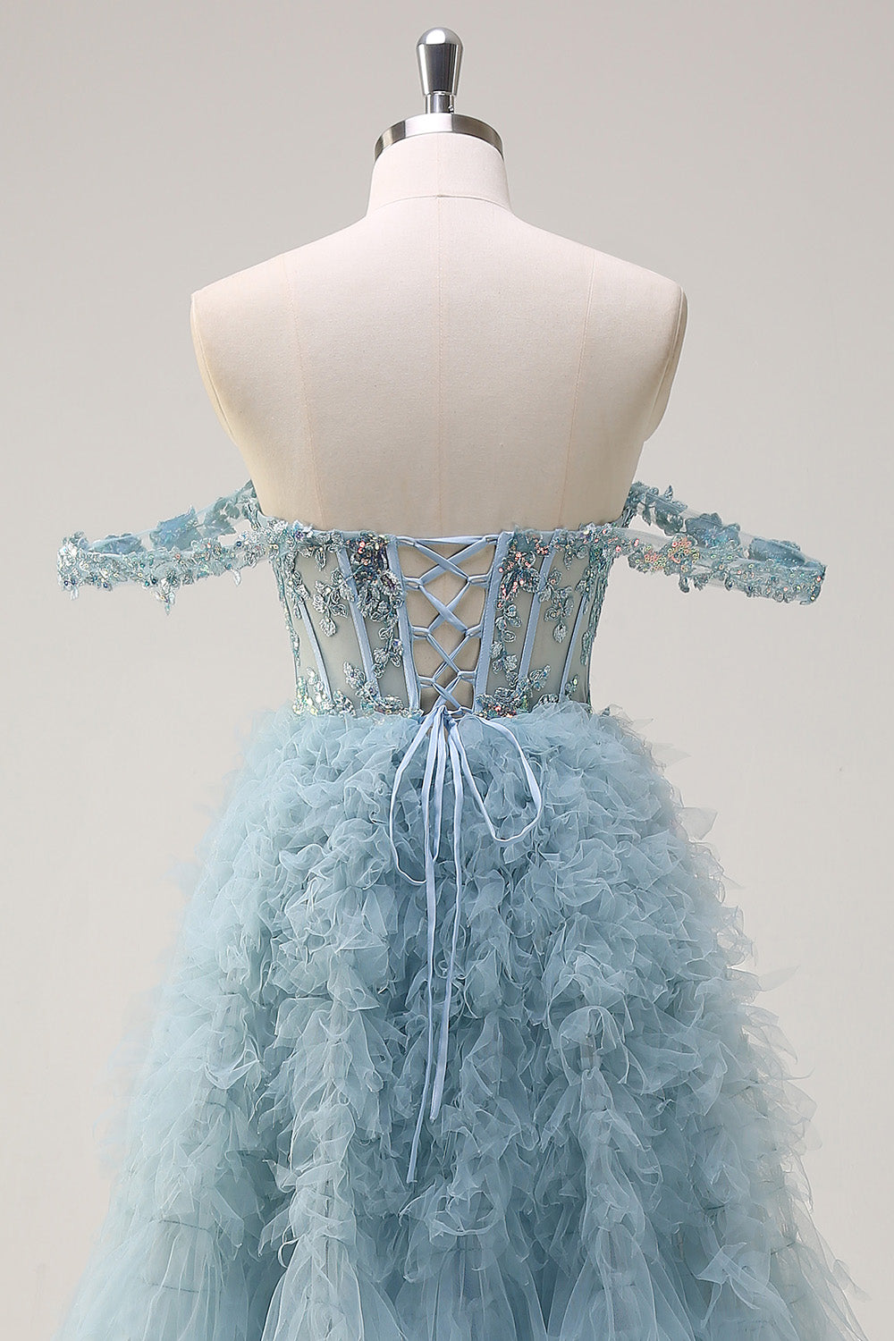 Støvet blå prinsesse Off the Shoulder Sheer Korset Lang Prom Kjole med Flæser