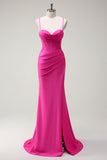 Fuchsia Spaghetti Stropper Havfrue Lang Gallakjole med Slids