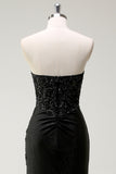 Glitrende Sweetheart Sort Lang Paillet Gallakjole Med Slids