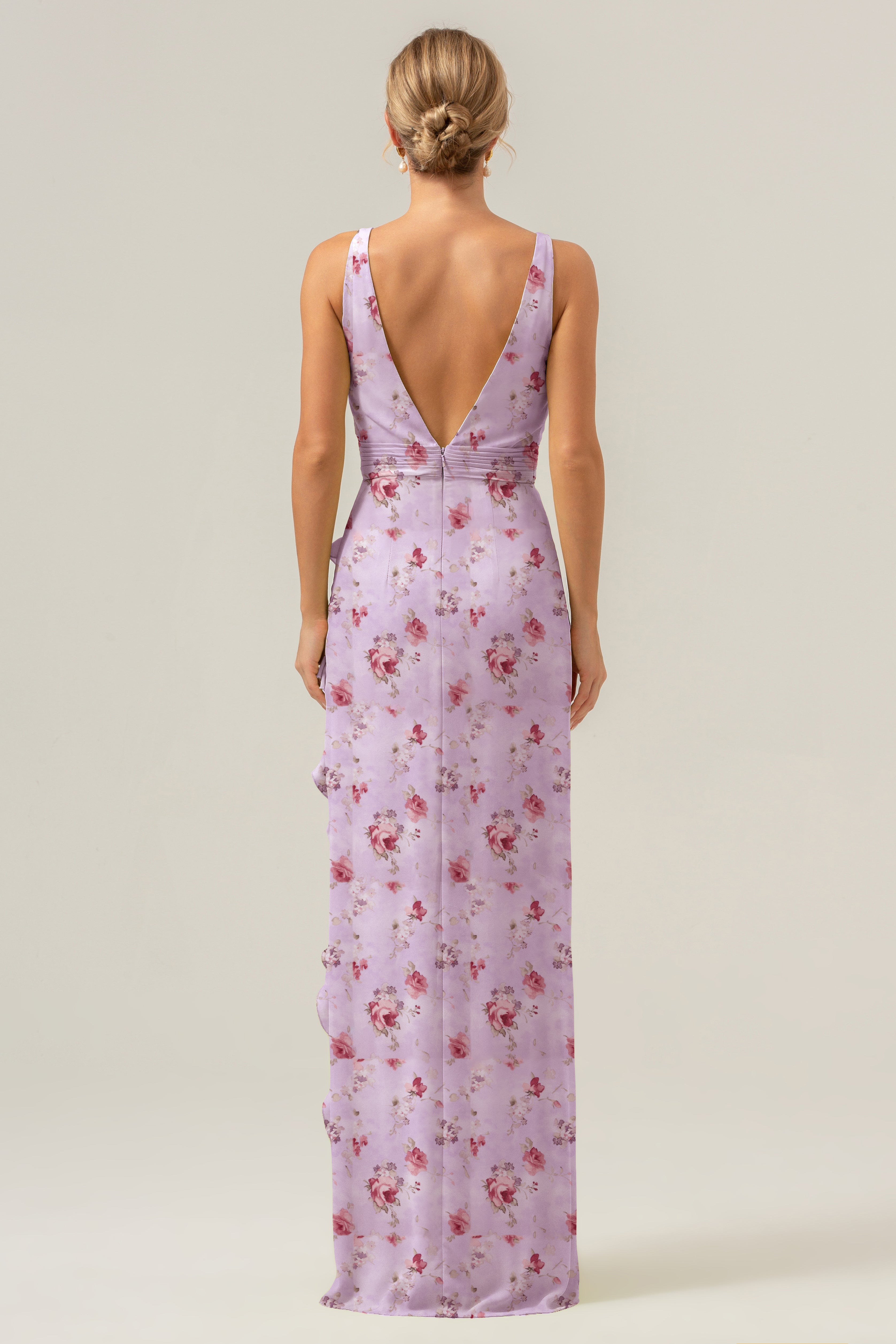 blå blomst skede dyb v-hals rygløs lang brudepigekjole med flæseslids