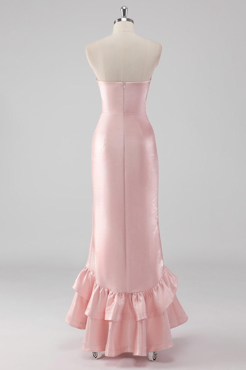 Pink flæseskede stropløs satin lang formel kjole med slids