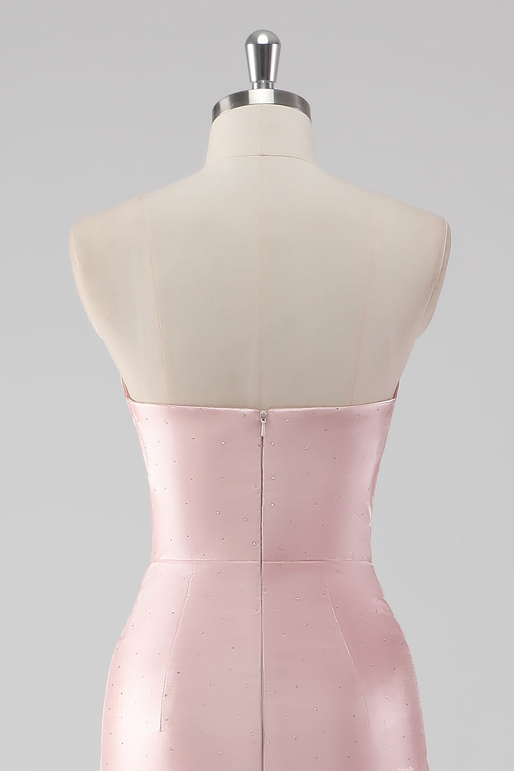 Pink flæseskede stropløs satin lang formel kjole med slids