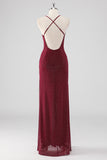 Burgundy Sheath V-hals plisseret beaded rygløs lang formel kjole med slids