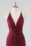 Burgundy Sheath V-hals plisseret beaded rygløs lang formel kjole med slids