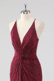 Burgundy Sheath V-hals plisseret beaded rygløs lang formel kjole med slids