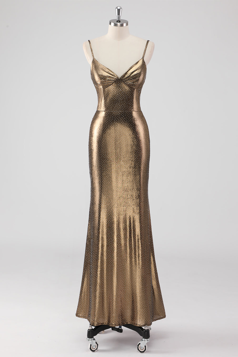 Gylden Havfrue Spaghetti Stropper Beaded Lang Formel Kjole