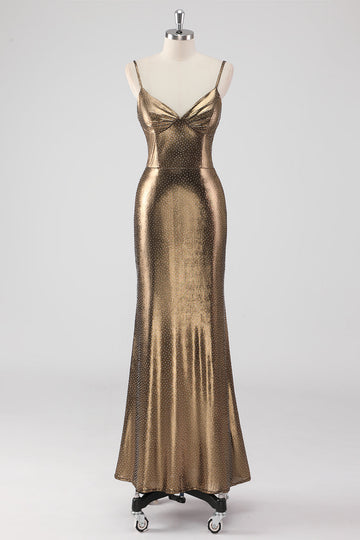 Gylden Havfrue Spaghetti Stropper Beaded Lang Formel Kjole